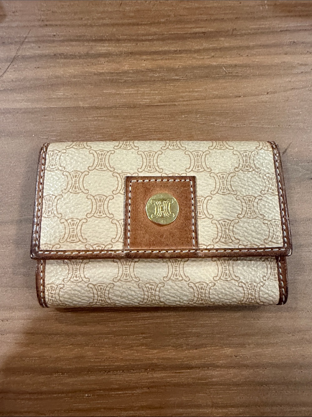 Celine Beige Canvas Triomphe Card Case with Brown Trim